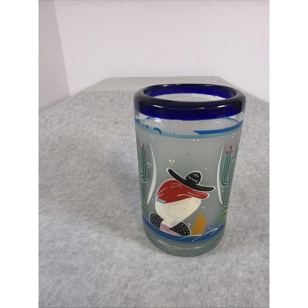 Vintage Mexican Hand Blown Frosted Shot Glass Cobalt Blue Rim Painted Siesta 5